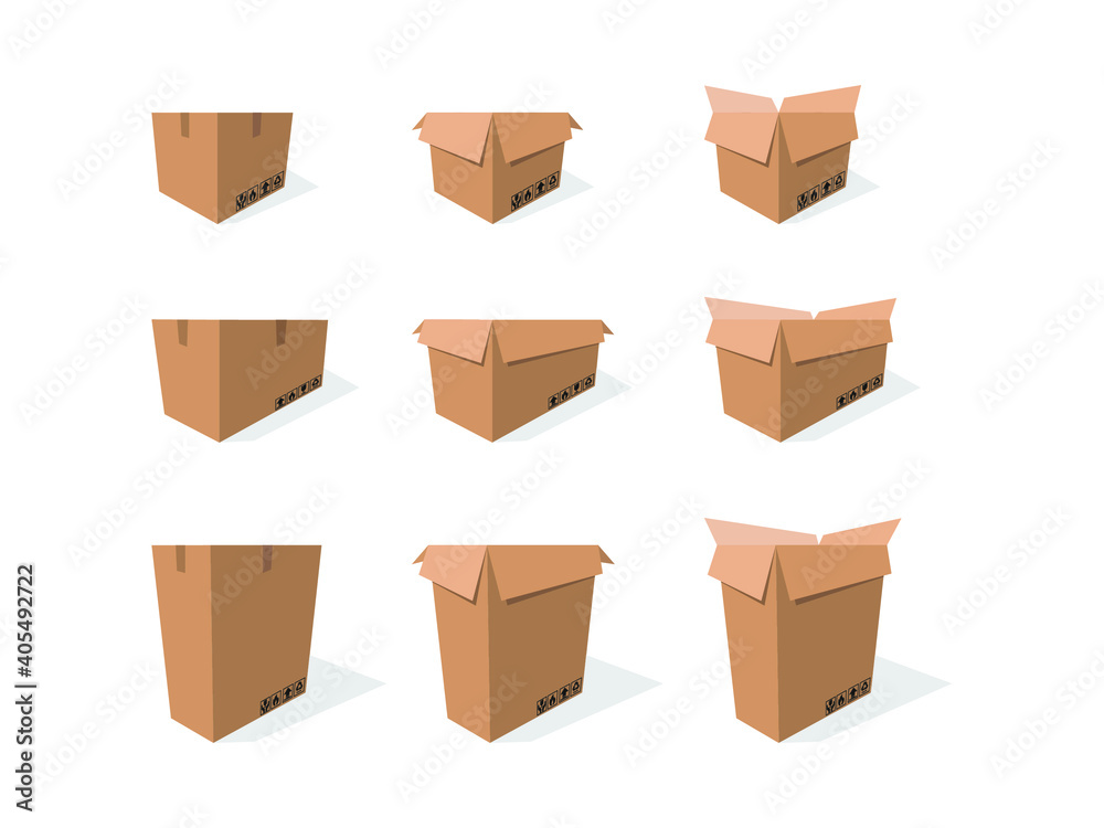 Cardboard box mockup set with Packaging symbols on the box.Delivery packaging set open and closed box with Packaging symbols.