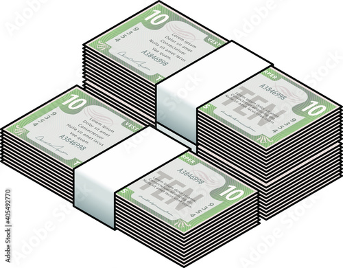 Three bundles of ten dollar notes. Stylized money.