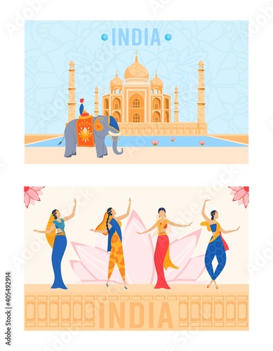 India, indian culture with national architecture landmarks, cityscape, travel and tourist symbols, woman in saree dancing vector illustration. India, hinduism poster for travelling agency.