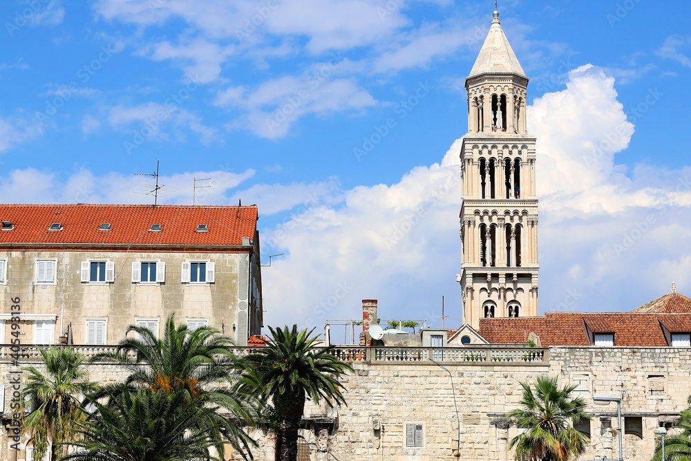 Historic architecture in central Split, Croatia. Landmark Saint Domnius bell tower.