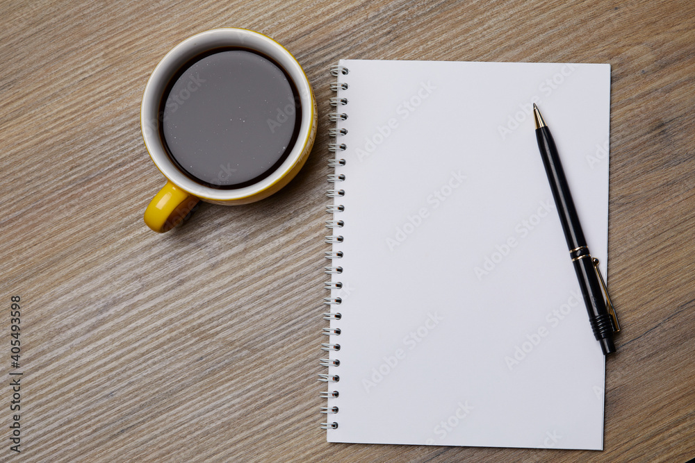 notebook on the table, top view notebook on the table, top view