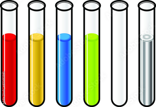 A set of test tubes containing different colored solutions and mercury. You can change the color of the liquids. Includes an empty test tube.