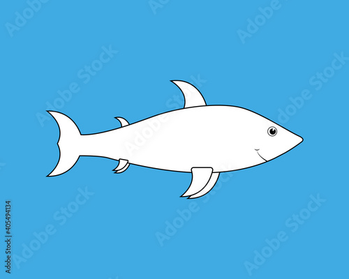 Baby shark outline vector illustration. Simple cartoon ocean fish character on blue background.