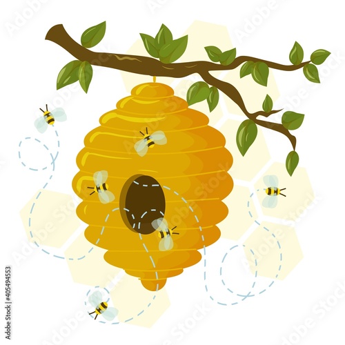 beehive with bees around on a honeycomb background. natural bee honey.
beehive drawn in cartoon style vector illustration isolated on white background