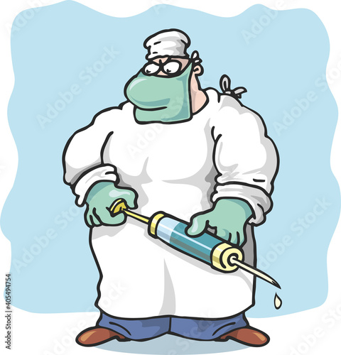 A doctor in a medical gown, mask holds an injection with a vaccine. Prevention and treatment of influenza and coronavirus. Flat infographics. Vector illustration in cartoon style.