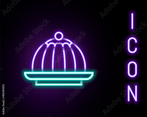 Glowing neon line Pudding custard with caramel glaze icon isolated on black background. Colorful outline concept. Vector.