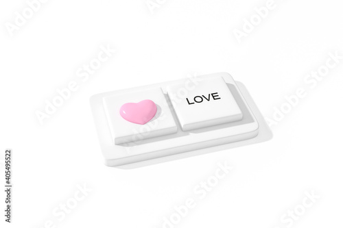 White computer keyboard button LOVE text with heart sign symbol 3d rendering. 3d illustration Internet dating of Love and Valentines Day greeting card template minimal concept.