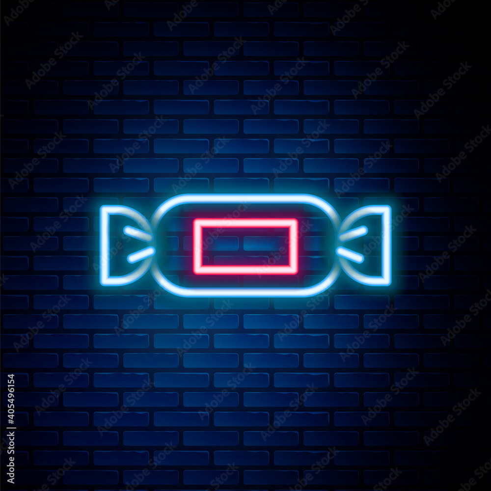 Glowing neon line Candy icon isolated on brick wall background. Colorful outline concept. Vector. Glowing neon line Candy icon isolated on brick wall background. Colorful outline concept. Vector.