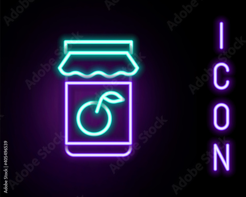 Glowing neon line Jam jar icon isolated on black background. Colorful outline concept. Vector.
