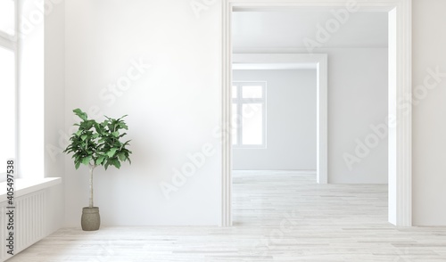 White empty room. Scandinavian interior design. 3D illustration