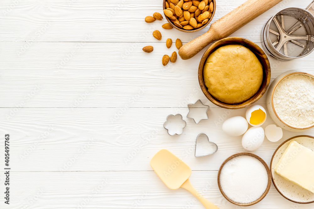 Baking cooking ingredients - flour and butter with eggs for dough Baking cooking ingredients - flour and butter with eggs for dough