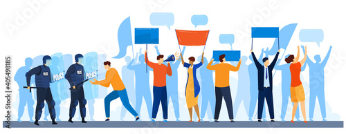 Protesting people, demonstration crowd and police vector illustration. Strike, human riot, protest signs and bullhorn, crowd of people protesters, political, politic crisis poster. Revolution placard.