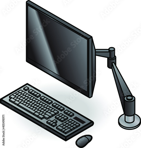 A workstation with monitor on an articulated arm.