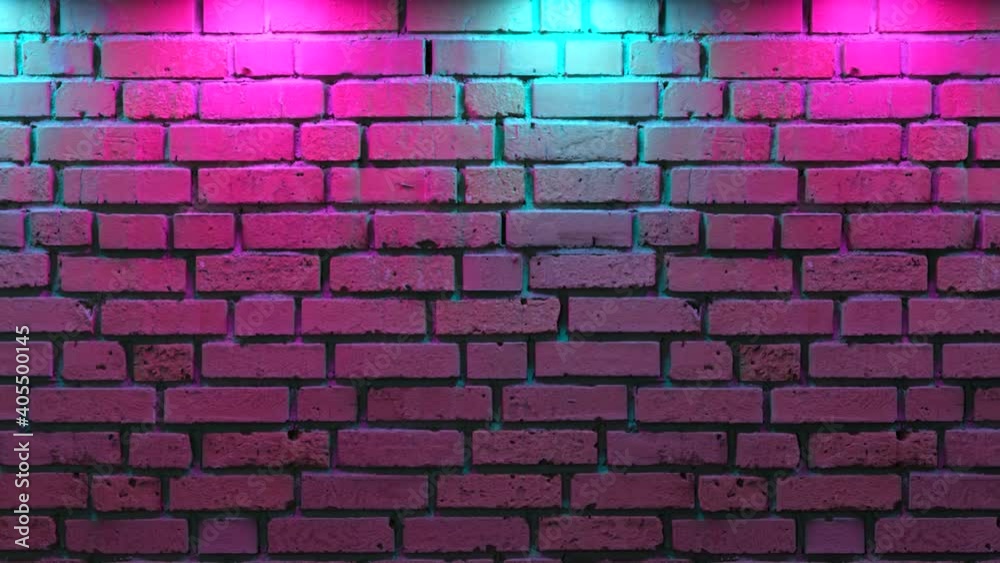 Empty brick wall with neon light, copy space. Light effect on a brick wall background. Modern light spectrum. Empty background. Seamless loop 3d render.