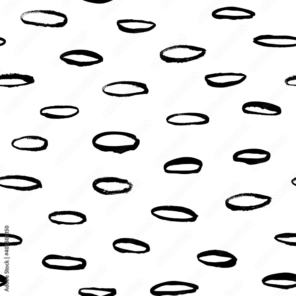 Polka dot grunge seamless vector pattern. Oval brushstrokes and rounded shapes. Hand drawn abstract ink background. Smears, ellipses, outlines splotches. Abstract wallpaper design, textile print