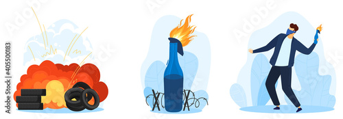 Protest set of vector illustration. Molotov cocktail blast. Fire and bottle. Protester holds in hand weapon of revolt and protest. Rebel symbol and riot. Strike and protesting demonstration danger.