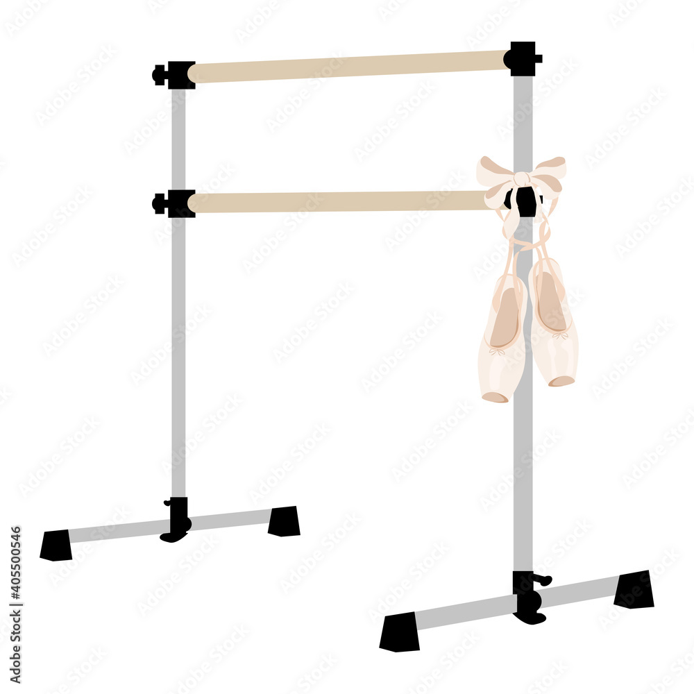 Ballet barre, and pointe shoes studio equipment ballerina room, vector illustration, wood amd metal Ballet barre, and pointe shoes studio equipment ballerina room, vector illustration, wood amd metal