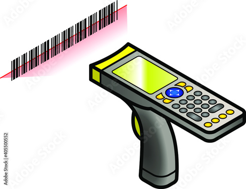 A hand held barcode scanner / gun with keypad and screen.