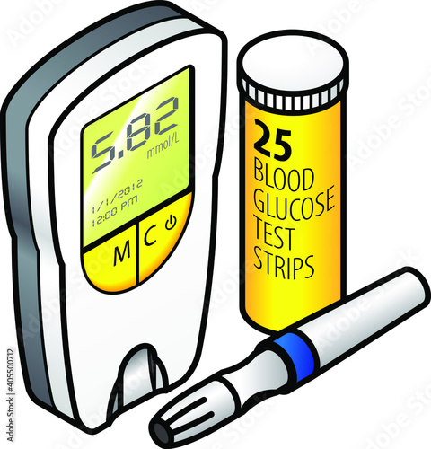 A blood glucose tester with a tube of test strips and a lancet.