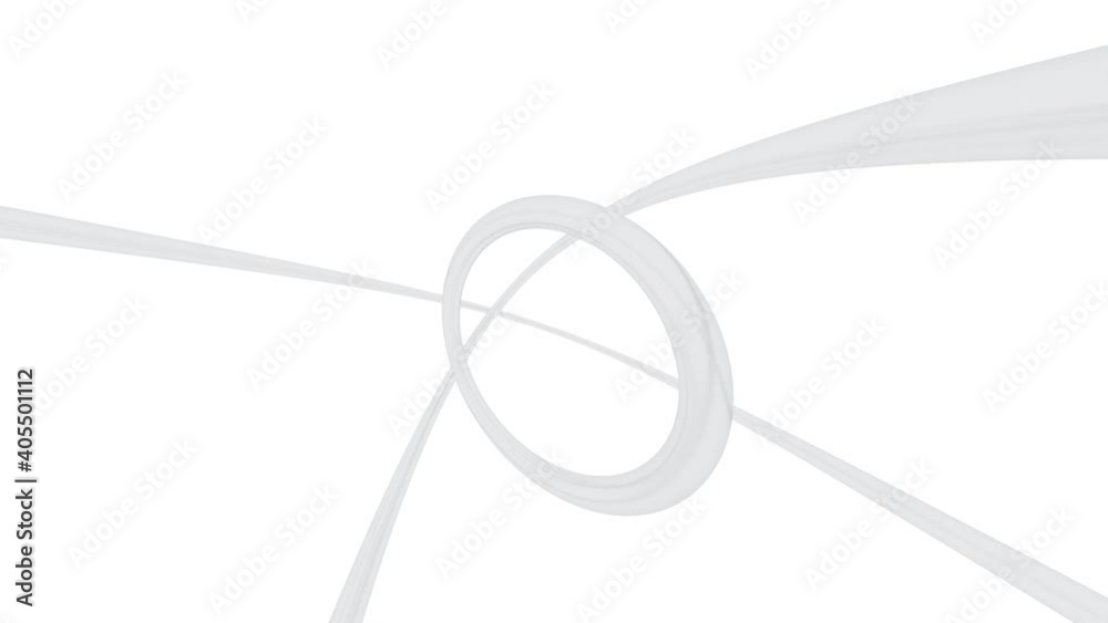 Geometric white background with three floating white rings. Seamless loop.