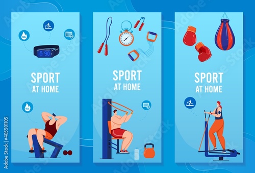 Sport equipment set of banners, vector illustration. Fitness, healthy lifestyle accessories. Games ball, tennis, baseball icons. Sportswear and equipment, boxer gloves, gym apparatus, training.