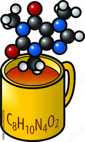 Caffeine molecule hovering over a mug of coffee.