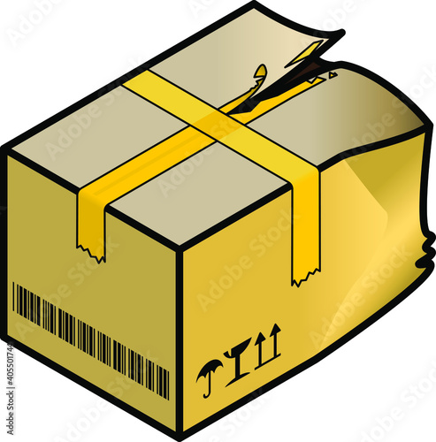 A crushed/damaged corrugated cardboard carton sealed with yellow tape. Printed with a barcode and icons for fragile, keep dry and this way up.