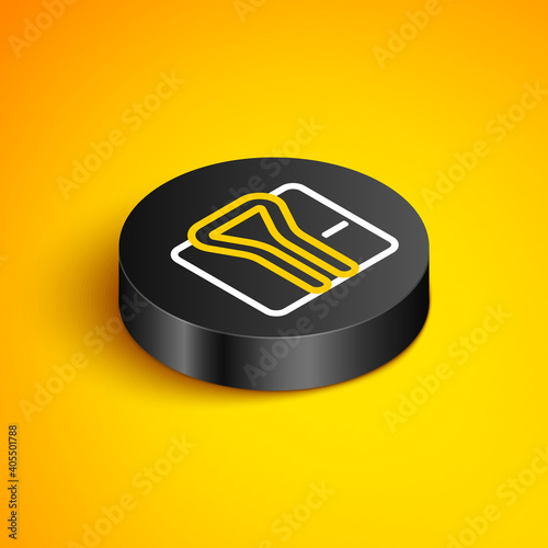 Isometric line Bathrobe icon isolated on yellow background. Black circle button. Vector.