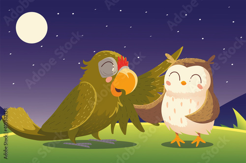 cartoon animals parrot and owl night nature