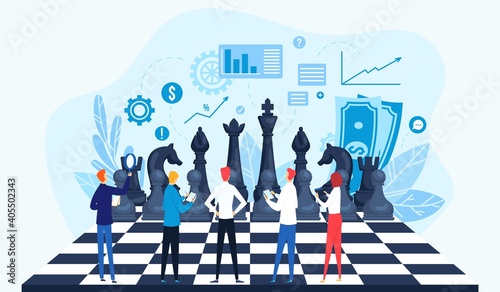 Strategy, strategic management vector illustration concept. Businesspeople on chessboard, data analysis, strategy planning and successful business. Managers strategist in marketing process.