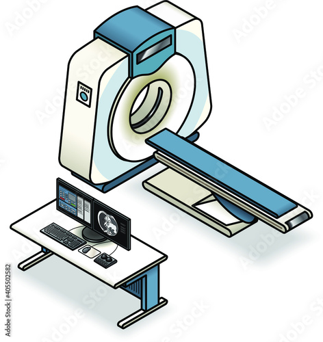 A CT / CAT / MRI scanner with platform and workstation. Workstation has dual screens, keyboard, mouse, and image manipulation input controller.