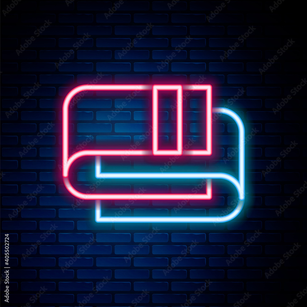 Glowing neon line Towel stack icon isolated on brick wall background. Colorful outline concept. Vector. Glowing neon line Towel stack icon isolated on brick wall background. Colorful outline concept. Vector.