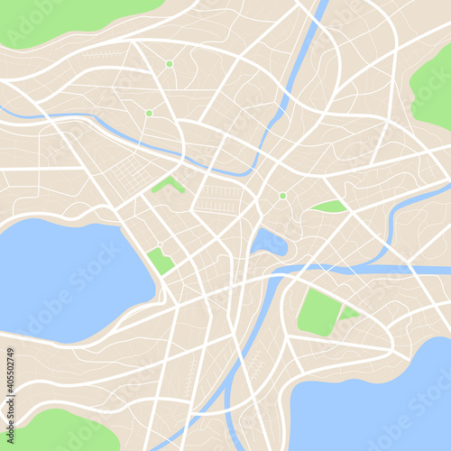 Clean top view of the day time city map with street and river