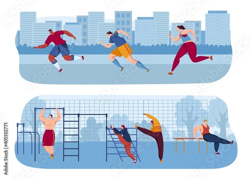 Street workout exercises vector illustration. People taking physical activity in outdoor workout area. Training, exercises, physical education lesson. Fitness, jogging, healthy lifestyle.