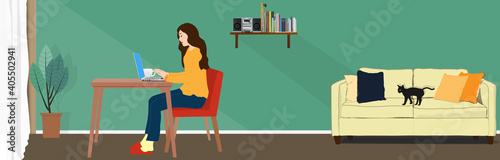 Women working from home, web banner, web header, footer, flier, vector illustration, graphic, web banner, web header, footer, flier, copy space, landscape, PC, black cat, green, room, realistic,