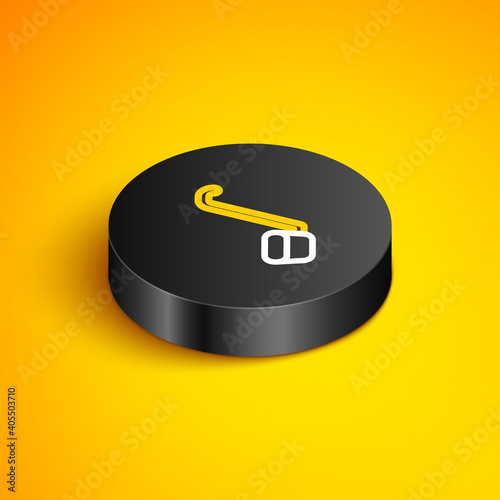 Isometric line Sauna ladle icon isolated on yellow background. Black circle button. Vector.