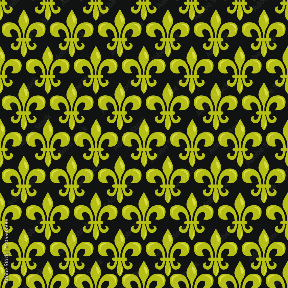 Vector seamless pattern with Fleur de Lis on black color; Mardi Gras background for wrapping paper, greeting cards, invitations, posters, banners. Vector seamless pattern with Fleur de Lis on black color; Mardi Gras background for wrapping paper, greeting cards, invitations, posters, banners.