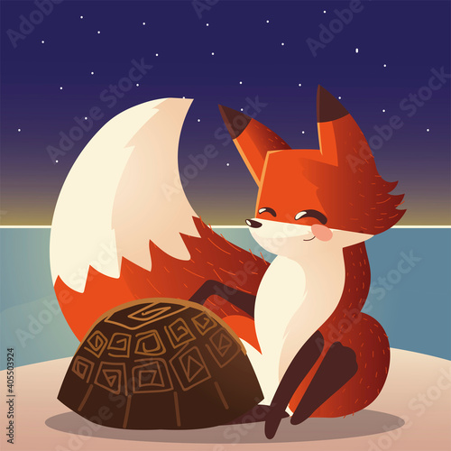 cute fox and turtle wild nature cartoon animal