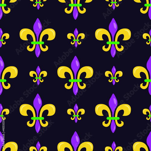 Vector seamless pattern with Fleur de Lis in traditional colors  Mardi Gras background for wrapping paper  greeting cards  invitations  posters  banners.