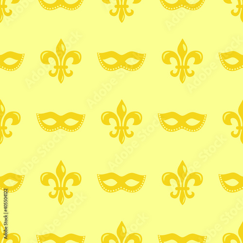 Quadro em tela Mardi Gras seamless pattern with carnival masks and heraldic lily; for wrapping paper, greeting cards, invitations, posters, banners