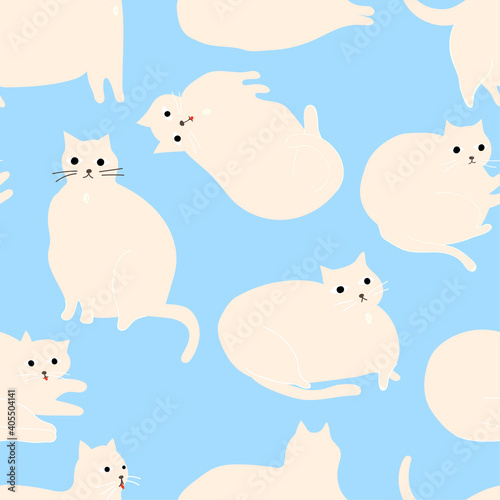Vector animal seamless pattern. Cute pink fat cats repeated on the blue background. Simple and stylish Scandinavian print.