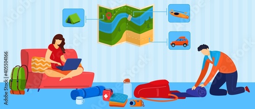 Preparing for hiking adventure tour, vacation, travel vector illustration. Tourism planning, packing check list. Couple tourists prepare backpack, tent, compass, route in notebook for hiking.