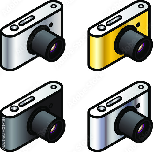 A set of four iconic compact digital cameras. Black and multiple metallic finishes.