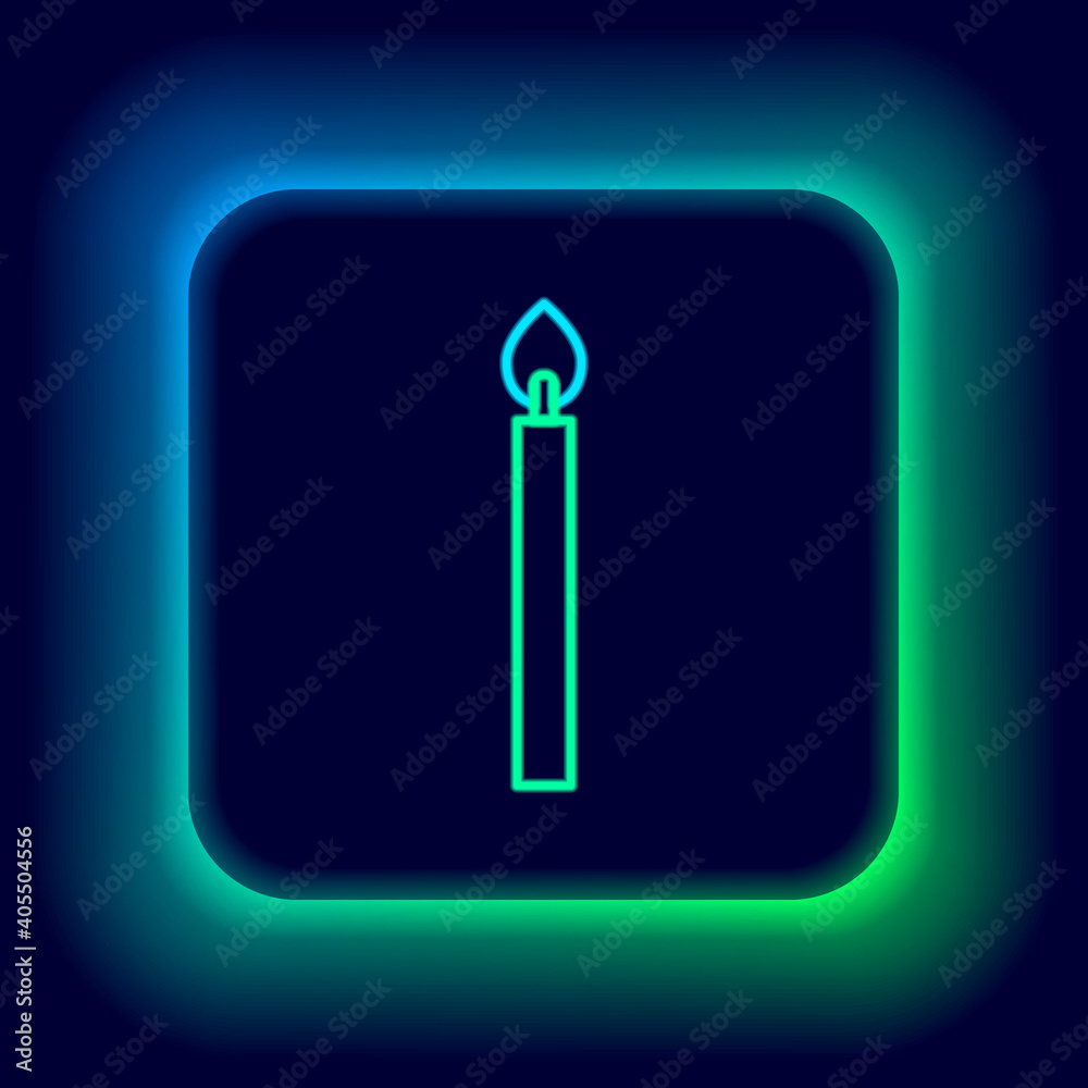 Glowing neon line Burning candle icon isolated on black background. Cylindrical candle stick with burning flame. Colorful outline concept. Vector. Glowing neon line Burning candle icon isolated on black background. Cylindrical candle stick with burning flame. Colorful outline concept. Vector.