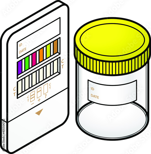 A drug testing kit with a urine sample jar.