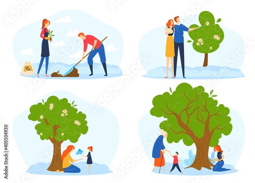 Tree life cycle, growth metaphor, grow stages of people and tree from seed to large plant, Couple, young family and gandparents with grandchildren growing tree. Years of life.