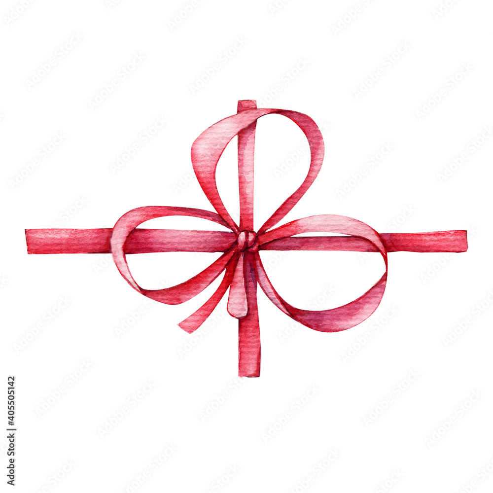 Red gift ribbon, bow for flowers, bouquets. Hand drawn watercolor illustration isolated on white background. Design template, greeting card, wedding, birthday, cover, clipart, packaging, wrapper. Red gift ribbon, bow for flowers, bouquets. Hand drawn watercolor illustration isolated on white background. Design template, greeting card, wedding, birthday, cover, clipart, packaging, wrapper.
