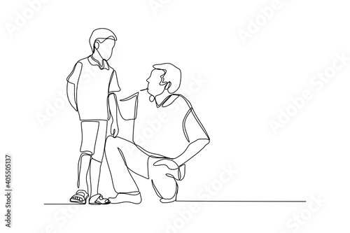 Continuous line drawing of young dad giving some wise advice talk to his child. Happy family parenting concept. Trendy single one line draw design graphic vector illustration