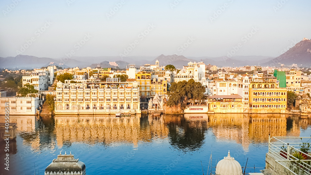 View of Udaipur city at the Pichola Lake from rooftop, Rajasthan, India