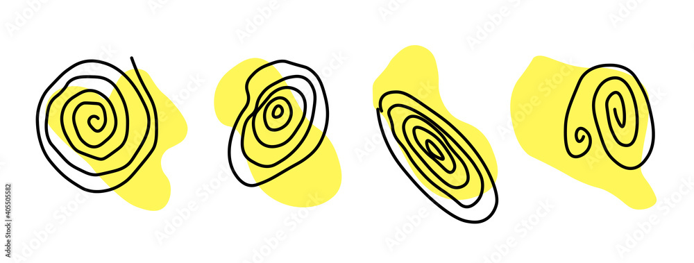 A set of abstract trendy yellow shapes, with black spiral ornaments on a white background. All elements are isolated A set of abstract trendy yellow shapes, with black spiral ornaments on a white background. All elements are isolated